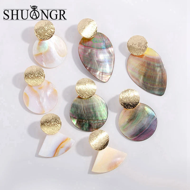 

SHUANGR 2019 Shell Geometric Round Dangle Earrings For Woman Oversize Big Gold Color Shell Drop Earring Wedding Boho Jewelry
