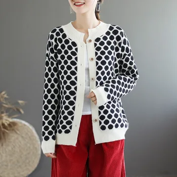 

Women cardigan sweaters Polka dot top single breasted female 2019 autumn winter loose cardigan Sweater