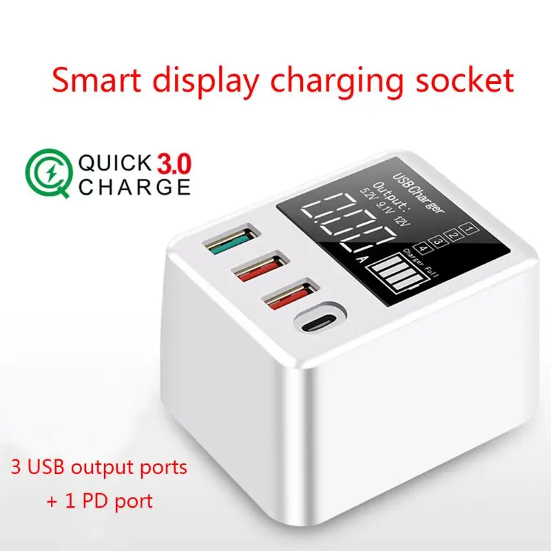 4 Ports USB QC3.0 Charger Hub Fast Charging Dock Stand with LED Display Screen for Cellphone Smartphone Tablet EU US UK Plug