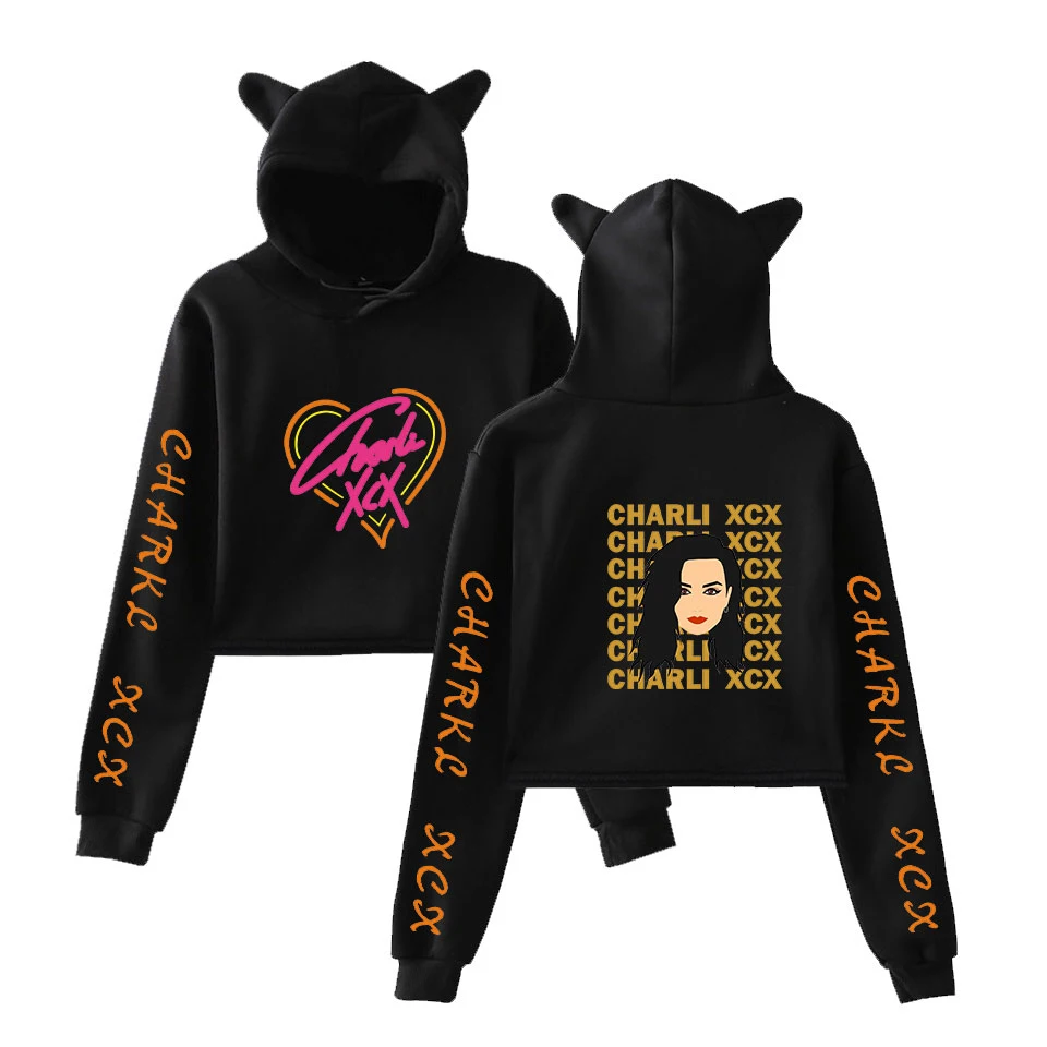Популярные Charli XCX кошачьи уши удобные толстовки с капюшоном для женщин поп укороченный топ толстовки худи для женщин девочек повседневные Черные Пуловеры Толстовка