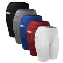 Calças justas esportivas femininas shorts de fitness cintura alta bolsos laterais hip lift shorts de corrida