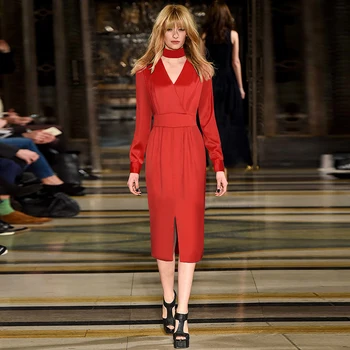 

Long Sleeve V Neck Classic Office Lady Work Wear Luxury Runway Designer High Quality Natural Silk Satin Women Red Black Dresses