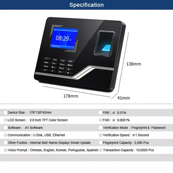 

Fingerprint Attendance System TCPIP USB Password Access Control Office Employee Smart Clock Recorder Device Biometric Machine