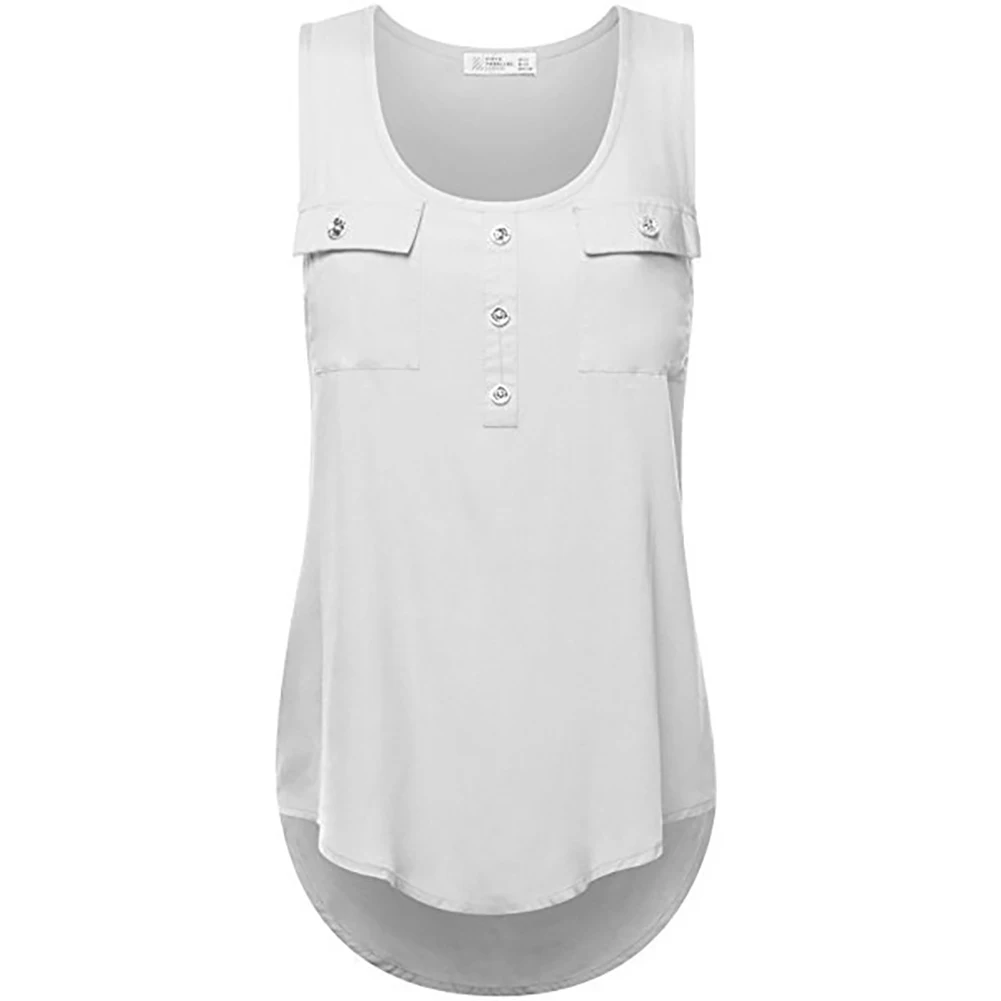 Tank Top Women Solid Color Scoop Neck Sleeveless Pockets Buttons