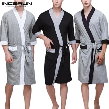 

INCERUN Men Robes Half Sleeve Leisure Nightgown Pockets Fashion Summer Patchwork Bathrobe Soft Men Homewear Sleepwear Pajamas