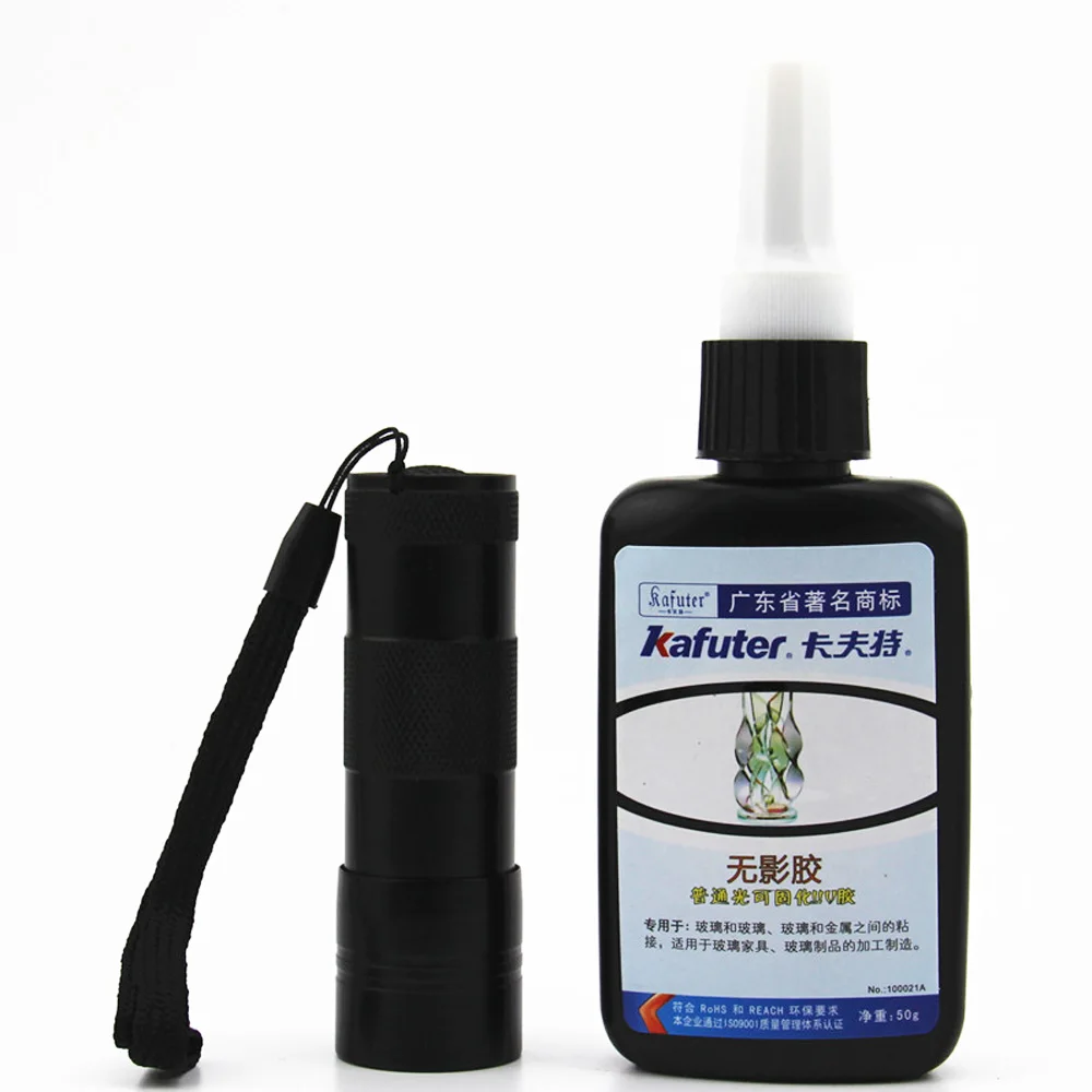 Kafute 50ml UV Glue + UV Flashlight UV Curing Adhesive Acrylic Transparent Adhesive For Glass Metal Furniture Handicraft