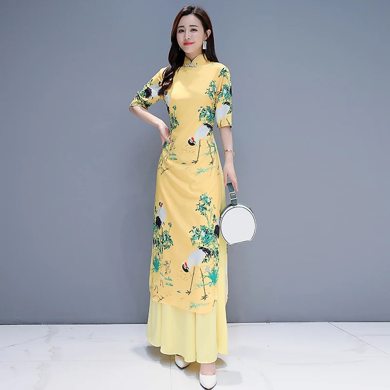 Современный чонсам, ао дай, Вьетнам, aodai, платье, Ципао, длинное, восточное платье, женское, воротник-стойка, цветочный принт, платье - Цвет: color1