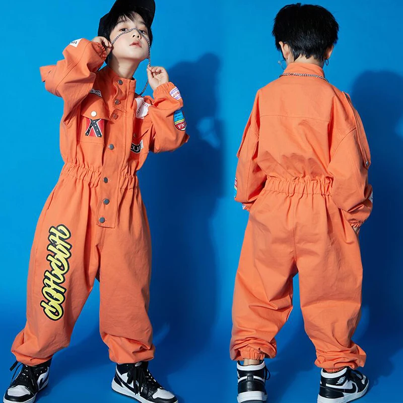 Kids Cool Short Sleeve Hip Hop Clothing orange Jumpsuit Overalls for Girls Boys Jazz Dance Costume Ballroom Dancing Clothes