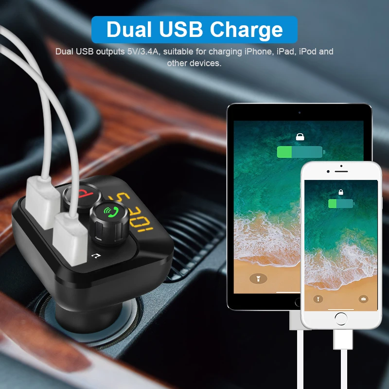 VicTsing FM передатчик BT 5,0 модифицированный бас автомобильный Bluetooth комплект Автомобильный MP3-плеер двойной USB зарядное устройство Поддержка TF карта Радио адаптер