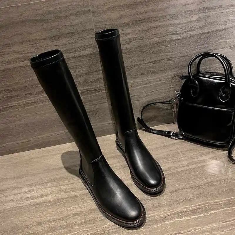 black long Krazing Pot/модные зимние растягивающиеся сапоги из коровьей кожи с круглым носком на среднем каблуке; теплые женские сапоги до бедра черного цвета; L23 - Цвет: black long