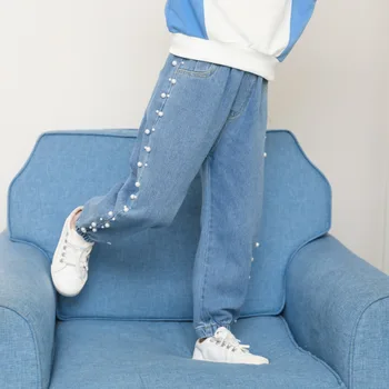 

2020 summer New baby girls cloth Blue Jeans For Kids Pearl teenager Denim Pants Toddler Loose Trousers 3 6 7 8 9 10 11 12 years