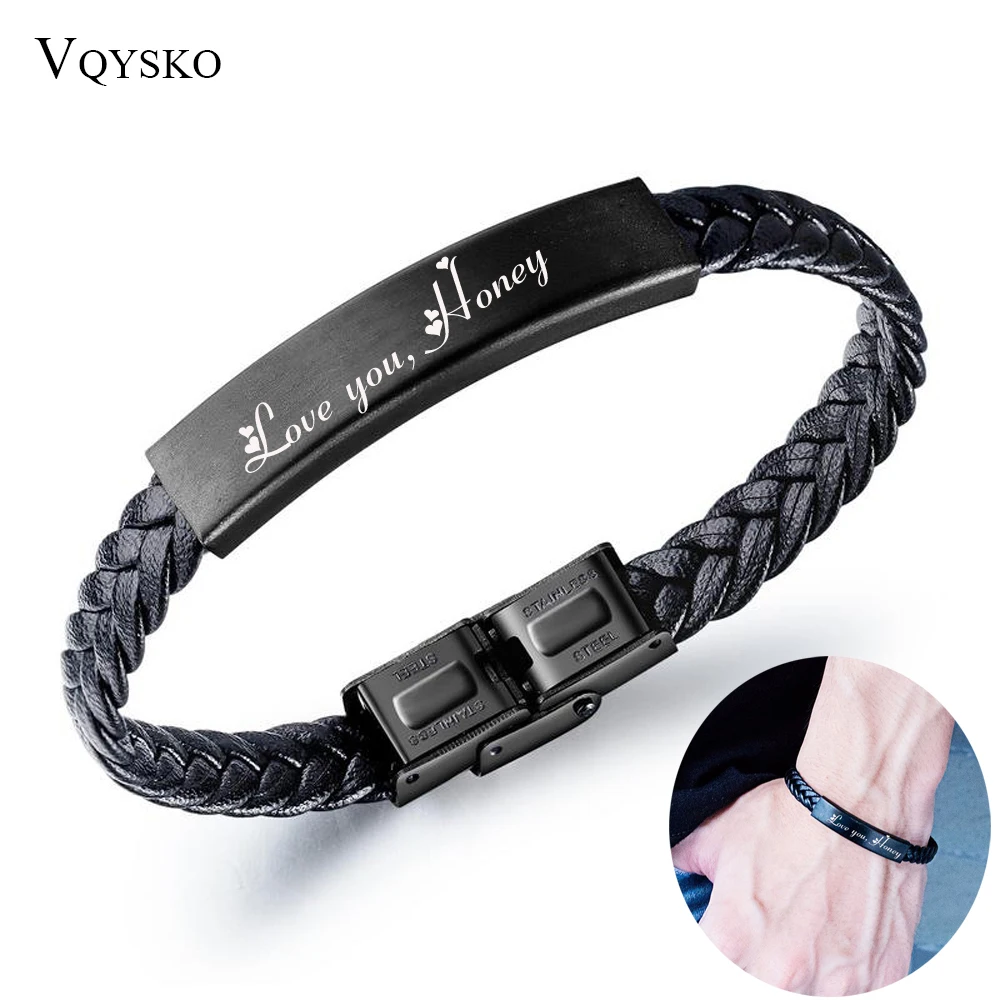 Custom Stainless Steel Charm Braided Leather Wrap Bracelet For Men Women Adjustable Personality Jewelry Bangles Gift Wholesale doremi custom zircon name bangles stainless steel personality custom bracelet jewelry letters custom bracelet