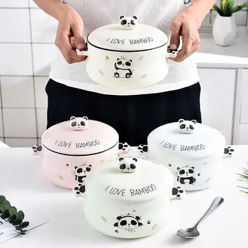 

Creative Ceramic Household Instant Noodle Bowl with Lid with Fork Spoon Single Bowl Easy To Clean Instant Noodles Big Soup Bowl