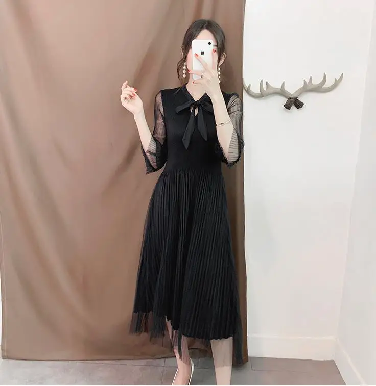 Miyake/плиссированное платье; сезон осень; Новинка; плиссированное платье с кружевным воротником и бантом;