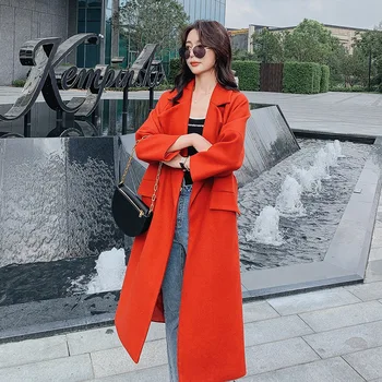 

Autumn Winter Wool Blend Coat Women Cashmere Trench Jacket Long Style Women Casual Woolen Long Coat Yellow Fashion Wool Overcoat