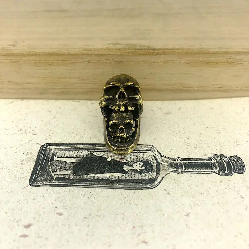 EDC инструменты латунный нож бисер Латунь Двойной Череп Бусы на шнурок Паракорд Нож многофункциональный брелок DIY кулон#152