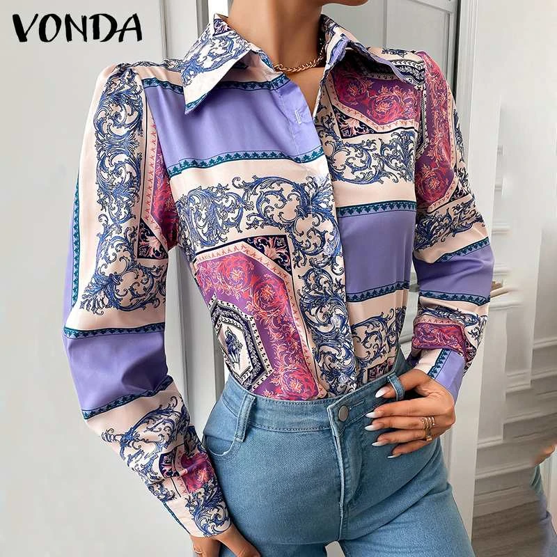 VONDA camisas elegantes con estampado Vintage para mujer, Blusas Bohemias manga larga con botones solapa, 2021|Camisa| - AliExpress