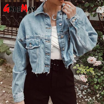 

2020 Spring Autumn Crop Denim Jacket Women Long Sleeve Boyfriend Style Casual Blue Jean Jacket Lady Vintage Button Crop Top Coat