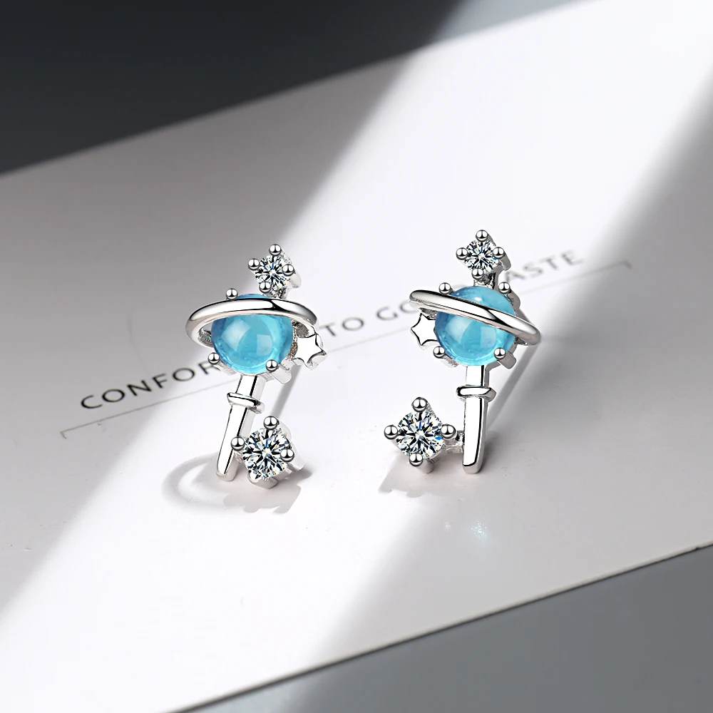 Blue Space Universe Star Moon Earrings - Image 6