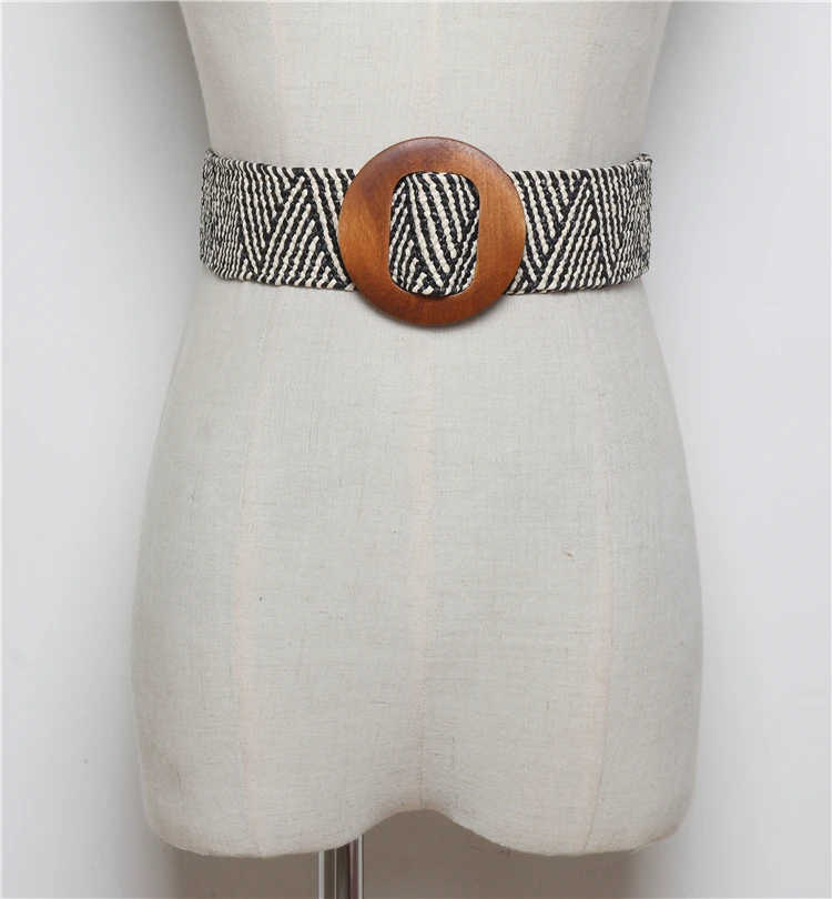 Round Black Beige Новинка, винтажная вязаная Вощеная Веревка, деревянная бусина, поясная веревка, Женский гладкий ремень с пряжкой, Женский тканый эластичный плетеный ремень - Цвет: Round Black Beige