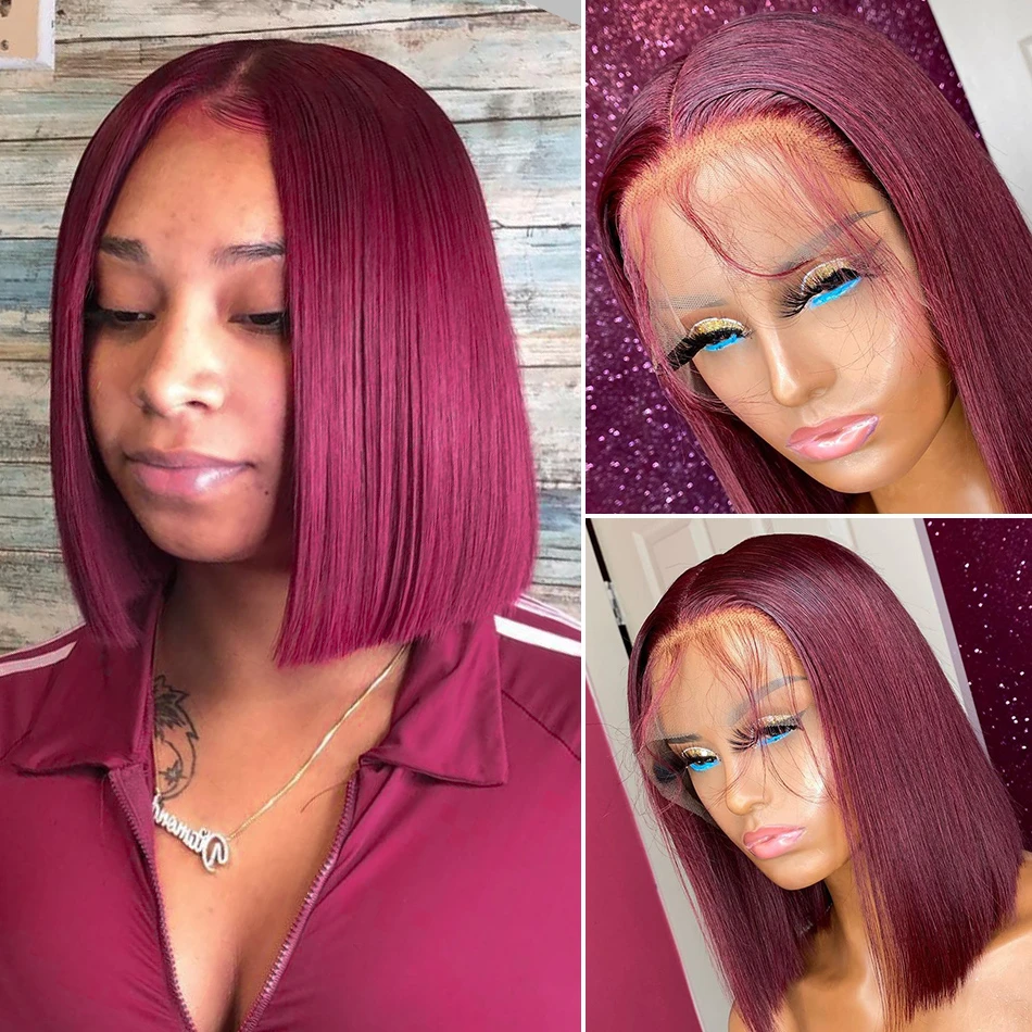 HALO 99J Burgundy 13X4 Lace Front Human Hair Wigs Glueless Pre Plucked Remy  Straight Brazilian Red Short Bob Wig for Black Woman|Human Hair Lace Wigs|  - AliExpress
