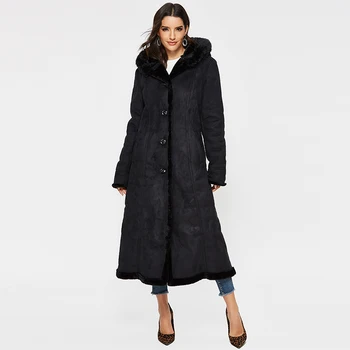 

Women's Faux Suede Shearling Maxi Walking Coat with Hooded