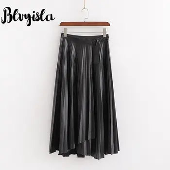

Blvyisla High Waisted PU Leather Large Swing Pleated Half Skirt Women Chic Charm Irregular Bandage Sashes Waist Skirts