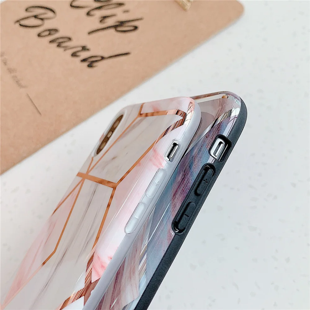 N1986N Телефон чехол для iPhone 6 6s 7 8 Plus X XR XS Max Роскошные покрытие с ионным напылением из розового золота с геометрическим рисунком Мрамор мягкий IMD Для iPhone X Case Капа