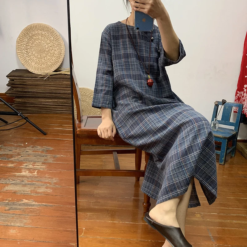 

Reality pats Republic of China Style Improved Women's Art Retro Yarn-dyed Plaid Cotton and Hemp Dress Long Tea