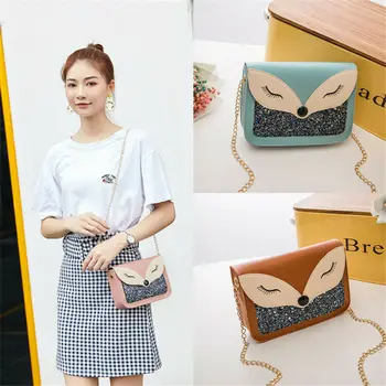 

New Fashion Women's Handbag Cartoon Fox Pattren Cute Hasp Chain Belts Mini Shoulder Bag Crossbody Bag Messenger Bag
