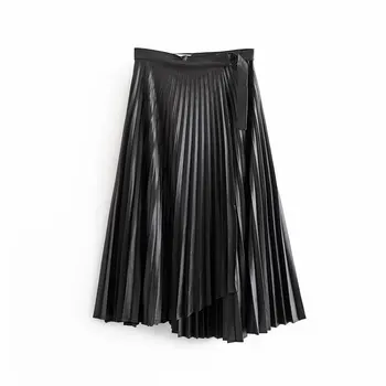 

2019 New Korean Autumn Pu Leather Skirt Women Pleated Skirt Black Loose Fashion A Line High Waist Soild Waistband Skirts Ladies