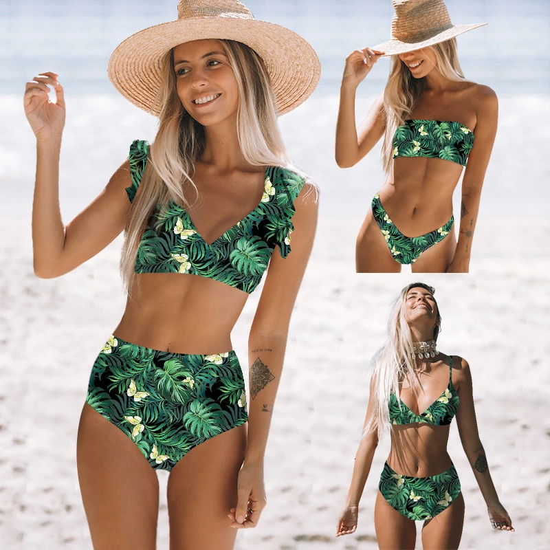 

Summer Tube Top Bikini Set Women Solid Print Bikinis Sexy Ruffle Swimwear Brazilian Swimwear New Swimsuit High Cut Biquinis