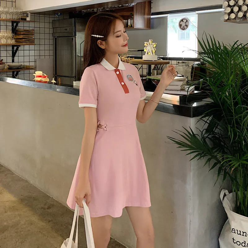 

2019 New Style Summer Cartoon Short-sleeve Dress Women's A- line Skirt Waist Hugging Elegant Polo Collar Skirt