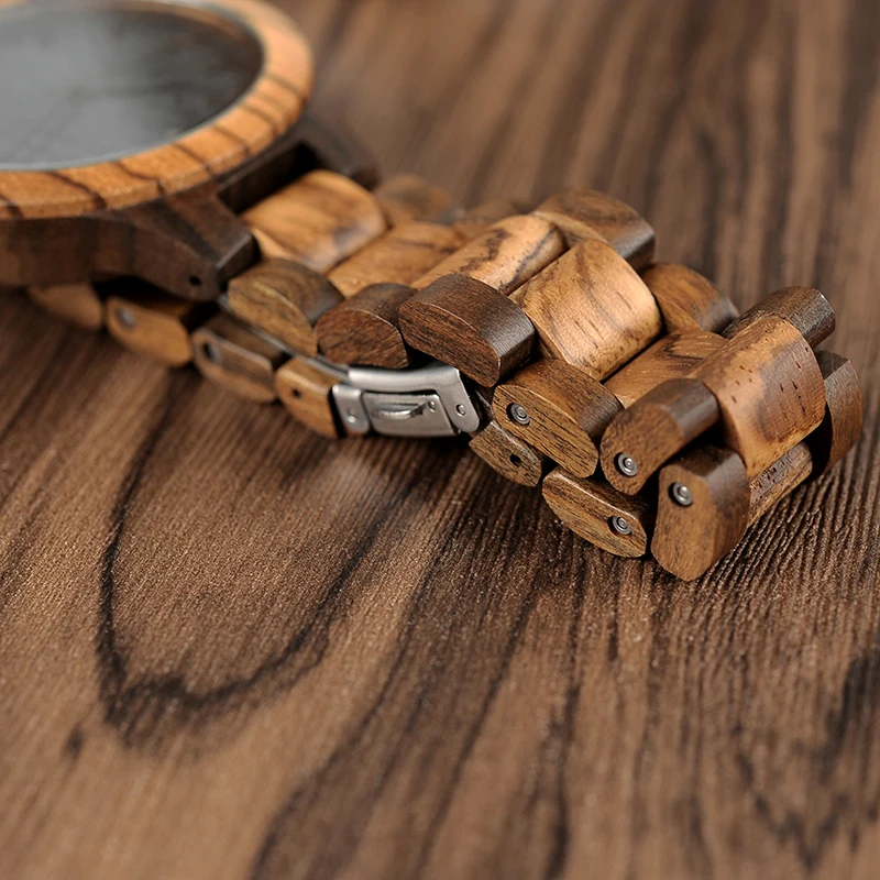 Baratos BOBO BIRD D30 caja redonda de madera de cebra Vintage reloj para hombres con cara de madera de bambú de ébano con correa de madera de bambú de cebra movimiento japonés