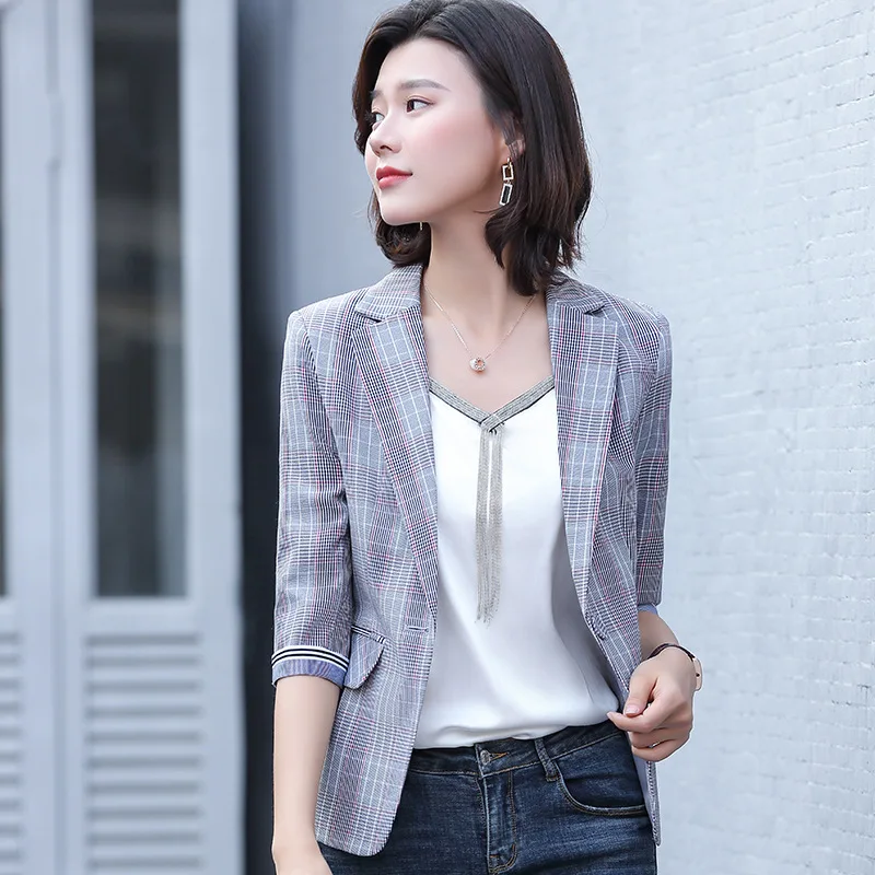 2020 Gray Yellow Female Elegant Plaid Womens Jackets and Coats Women Blazers Casual Long Blazer Dress for Lady Tops and Blouses