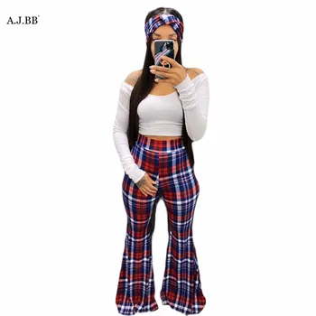 

European casual Plaid printed women's suit fashion loose off shoulder long sleeve top long pants head scarf three piece set