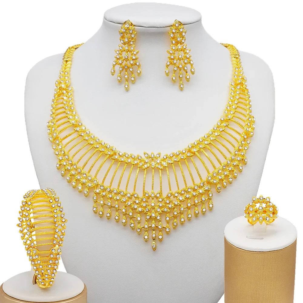 

Dubai 24K Gold Color Jewelry Sets For Women Luxury Necklace Earrings Bracelet Ring India African Wedding Gifts Ethiopia Set