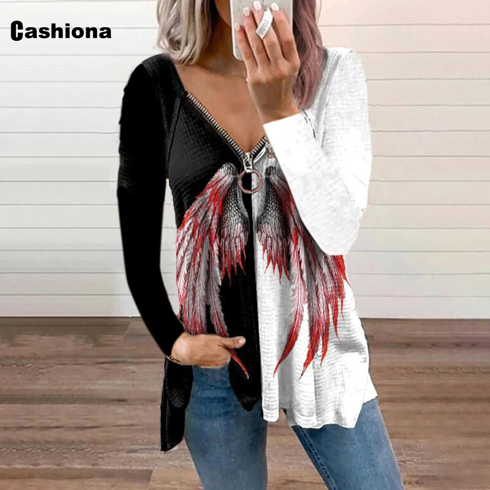Women Fashion Zipper T shirts Long Sleeve Tops Streetwear Gothic Wing Print Tees Shirts Plus Size 4xl 5xl Female Casual | Женская одежда