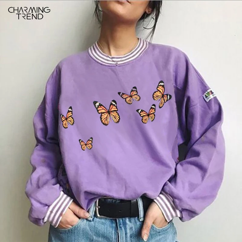 

Women Pullover Sweatershirts Round Neck Young Girls Printed Hoodies 2020 Autumn Female Clothes Loose Casual Women Hoodies Purple