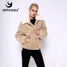 JEPLUDA Модный тренд полушерстяные пальто зимнее женское с воротником в плюшевом стиле контрастный цвет casual мягкая теплая молодежная женская зимняя куртка меховая короткая шуба шерстяная смесь