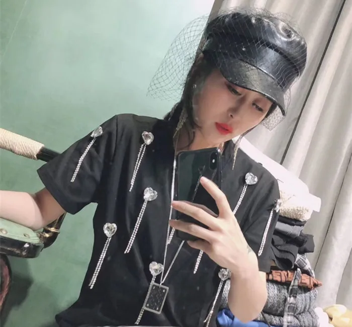 WHITNEY WANG футболка Летняя мода уличная ручная работа сладкое сердце бриллианты кисточка Футболка женская футболка Топ Леди тройники