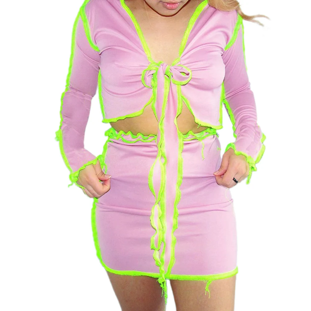 

Womens Long Sleeve Short Skirt Suit Fashion Color Contrast Lace Bandage Exposed Navel Pullover Top and High-waist Skirt
