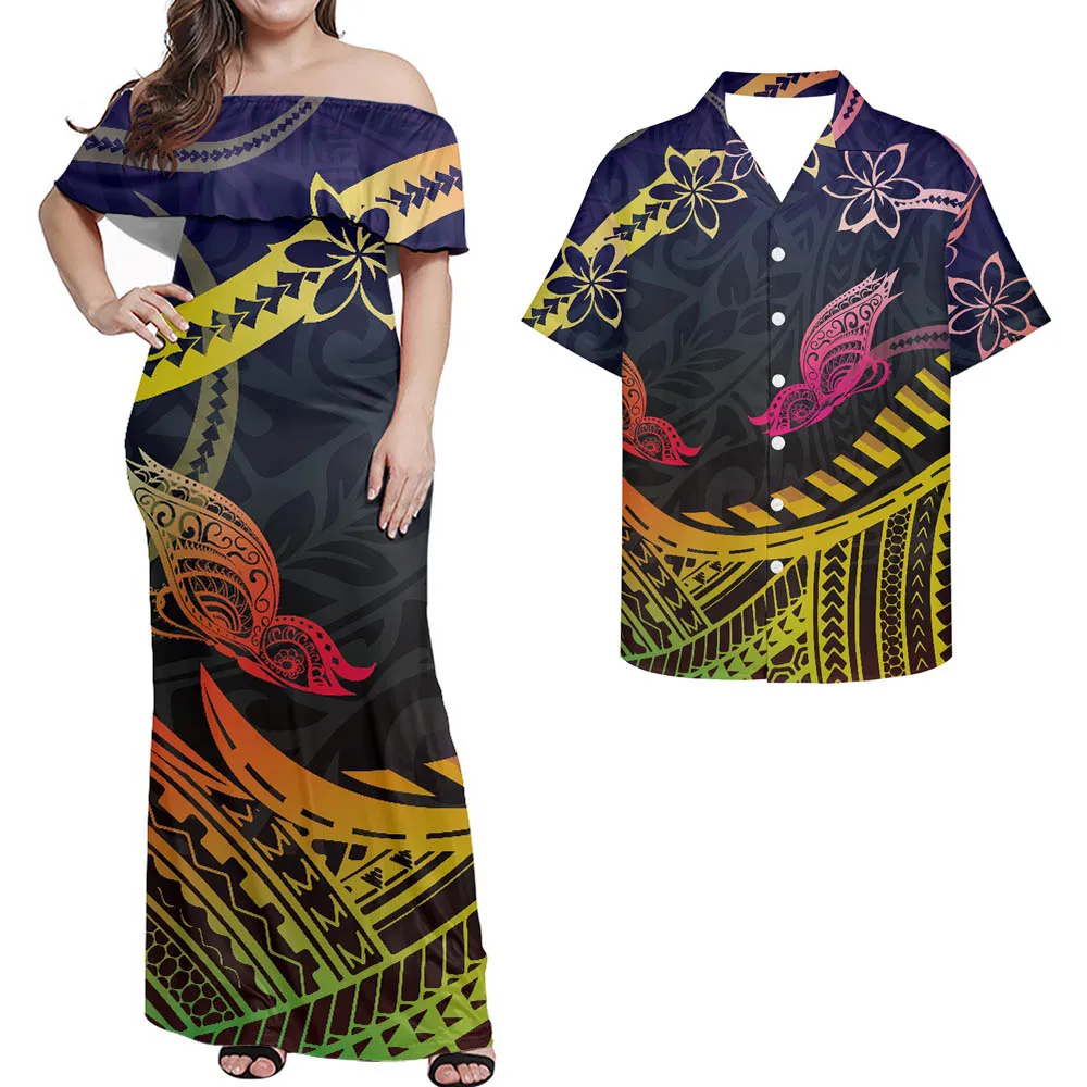 

Cumagical Summer Off Shoulder Samoan Dress 2pcs Couples Clothing Set Polynesian Elegant Dresses For Women Match Shirt
