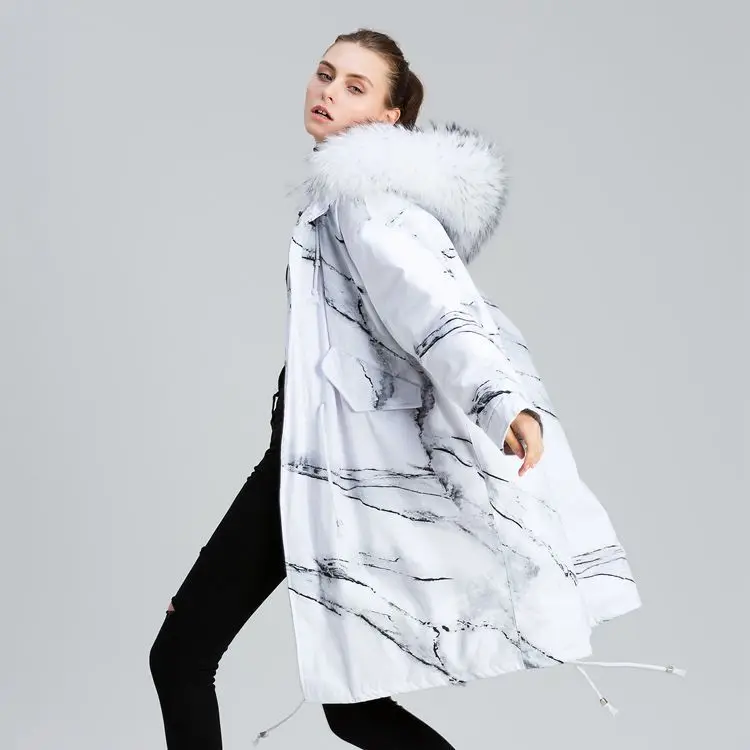 Ink painting design new personality loose raccoon white collars in the long winter coats for women