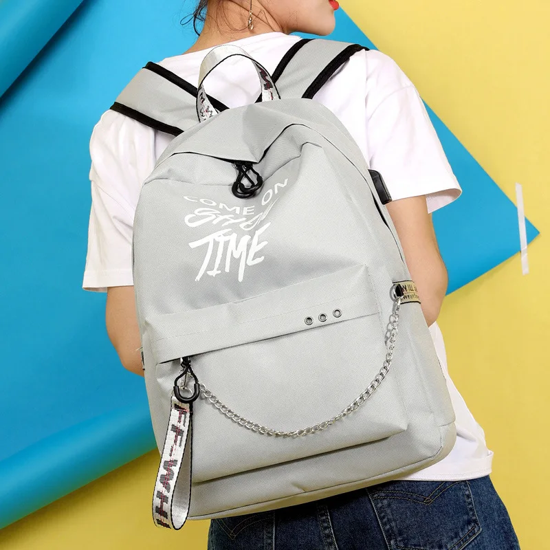 Рюкзак женский с USB зарядкой модный школьный ранец надписью для девочек