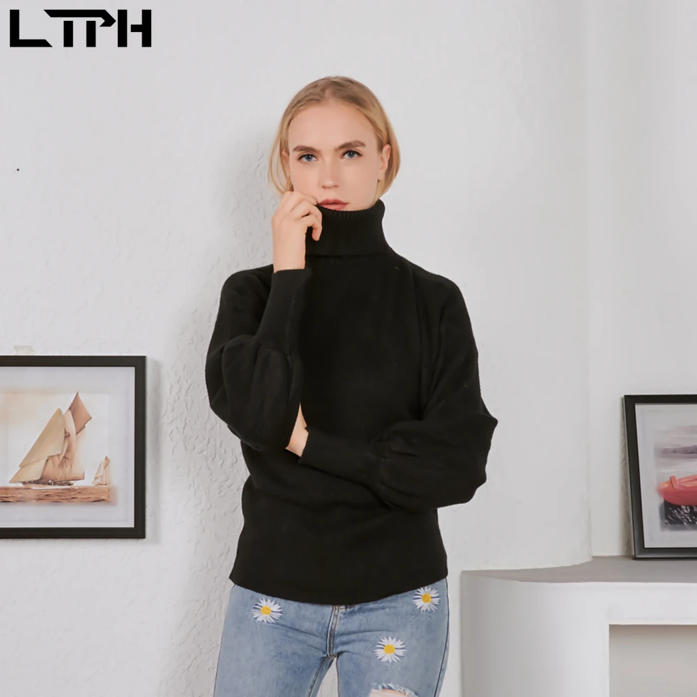 

LTPH 2020 Autumn new arrival Simple Casual solid color winter clothes woman sweaters turtleneck knitted lantern sleeve sweater