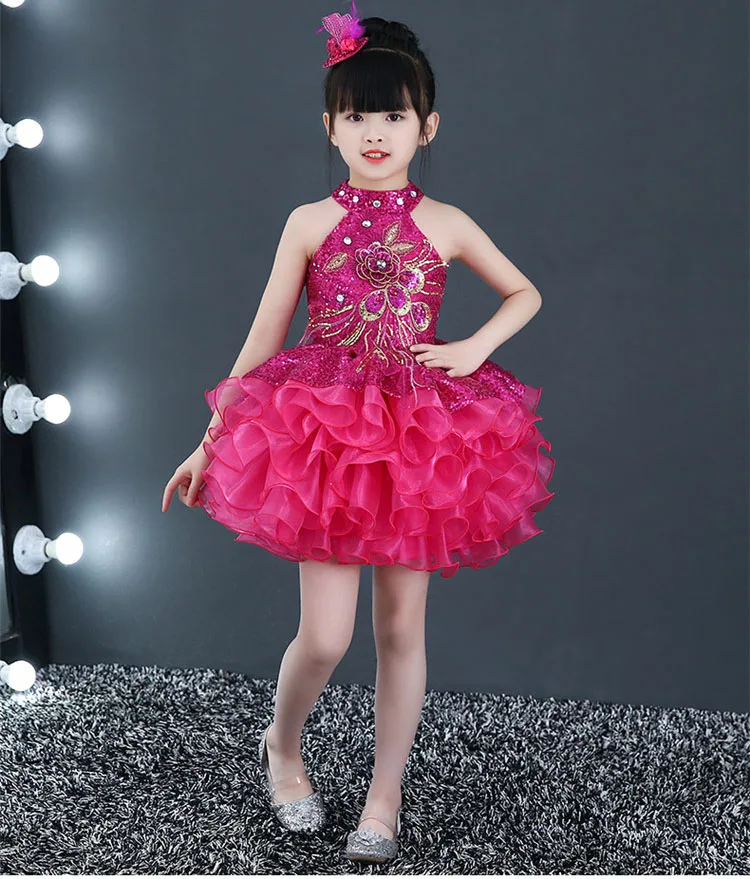 hot pink Детские многослойные платья с бусинами для свадебной вечеринки размеры от 2 до 10, пышное мини-платье с вырезом лодочкой для маленьких девочек Бальные платья - Цвет: hot pink