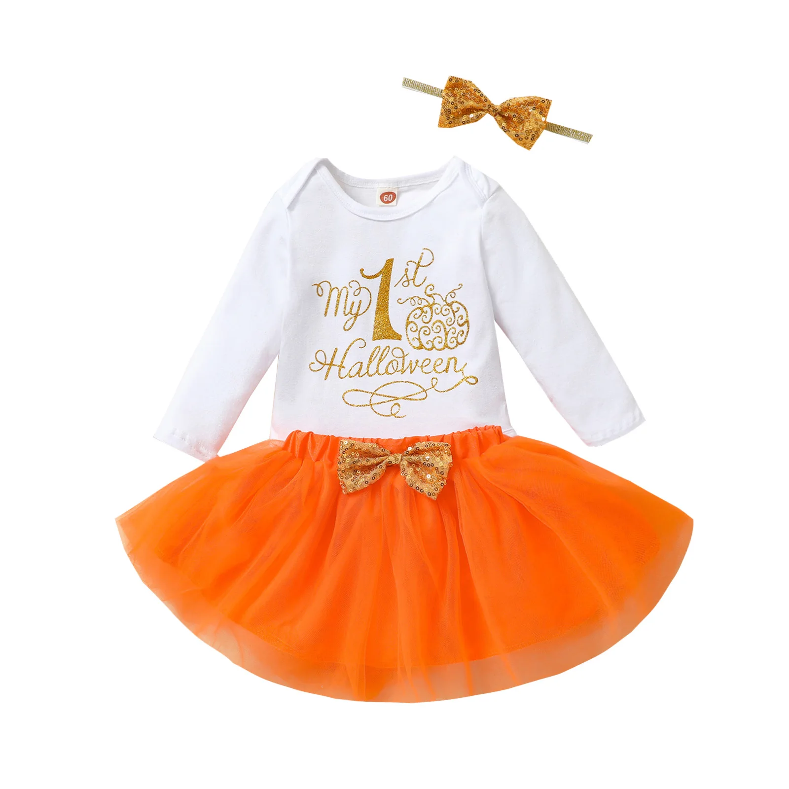 

OPPERIAYA Kids Baby Girls My 1st Halloween Clothes Casual Set Printed Pattern Long Sleeve Bodysuit Orange Yarn Skirt Headdress