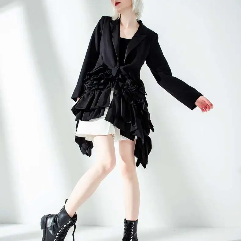 Fashion Irregular Ruffled Long-Sleeved Women Suit Jacket Notched Solid Color Cotton Wild Casual Ladies Coat