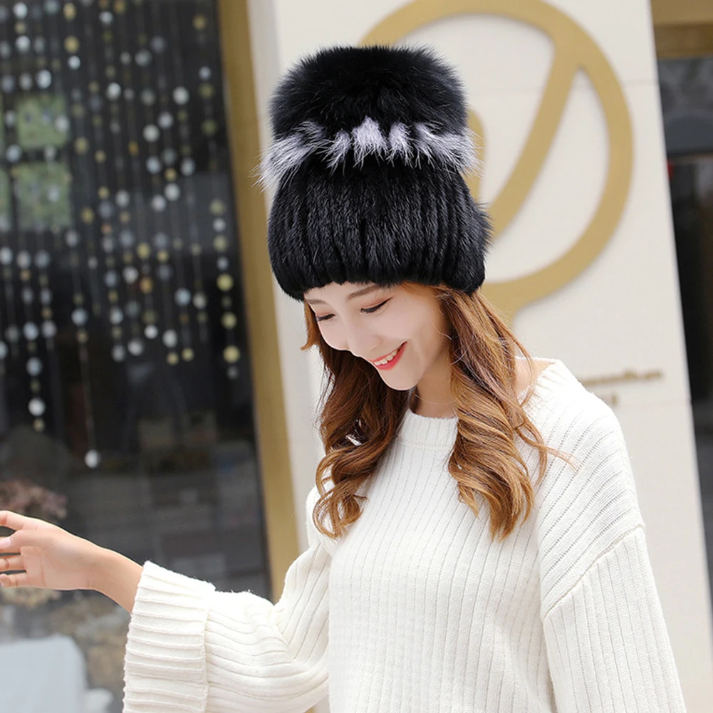 New Arrivals Women Knitted Mink Hair Cap Winter Hat Headwear Thick Warm Earmuffs Hats Elastic Adjustable Large Hair Ball
